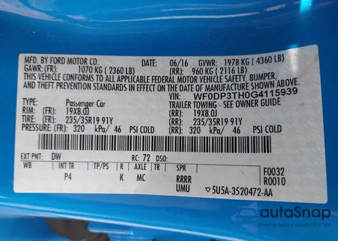 2016 Ford Focus Rs из США, поврежденный, VIN WF0DP3TH0G4115939